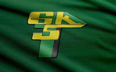 gks gornik leczna fabric logo, 4k, sfondo in tessuto verde, divisione 1, bokeh, calcio, logo gks gornik leczna, emblema gks gornik leczna, gks gornik leczna, club di calcio polacco, gornik leczna fc