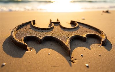 logo de batman, 4k, verano, logotipo de batman hecho de arena, playa, logotipo 3d batman, arena, emblema de batman, ordenanza