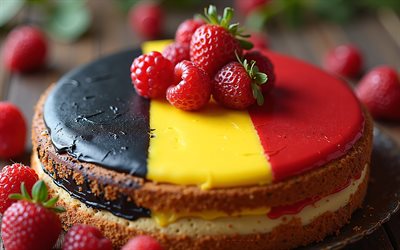 Belgium flag painted on cake, 4k, Belgium flag, baking, Belgium, cake with berries, flag of Belgium, cake with the Belgian flag, Belgian National Day, cake like Belgium flag, Belgian flag