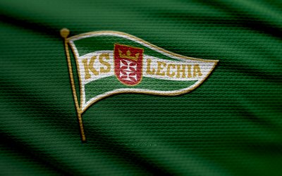 logo in tessuto lechia gdansk, 4k, sfondo in tessuto verde, ekstraklasa, bokeh, calcio, logo lechia gdansk, emblema di lechia gdansk, lechia gdansk, club di calcio polacco, lechia gdansk fc