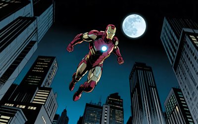 flying iron man, superhéroes, marvel comics, noche, arte 3d, hombre de hierro, fan art, iron man 4k