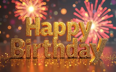 buon compleanno, 4k, fuochi d'artificio 3d, buon compleanno in 3d iscrizione dorata, buon compleanno auguri, concetti di buon compleanno, background di buon compleanno