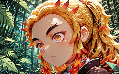 4k, kyojuro rengoku, giungla, avvicinamento, kimetsu no yaiba, samurai, sakura, protagonista, rengoku kyojuro, demon slayer corps, demon slayer, kyojuro regoku kimetsu no yaiba