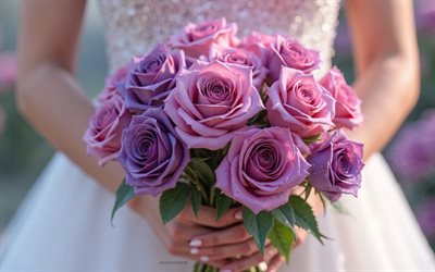 rose rosa viola nelle mani nuziali, 4k, bouquet nuziale, bouquet di nozze, rose viola, sposa con bouquet, modelli di matrimonio, concetti di matrimonio