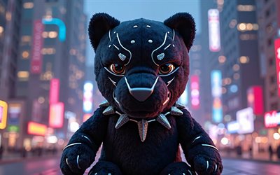 juguete de felpa de la pantera negra, 4k, superhéroe, antecedentes nocturnos, pantera negra, juguetes suaves, juguete de pantera negra, signo de pantera negra