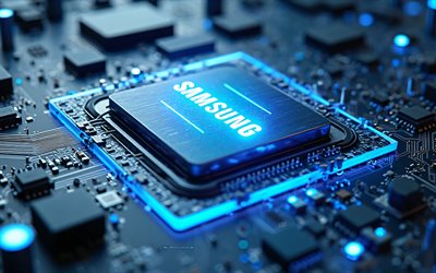 samsung 3dロゴ, 4k, サムスンのエンブレム, マザーボード, 青いネオンライト, チップ, サムスンのロゴ, サムスンアート, サムスンのロゴ付きの背景