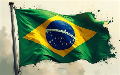 bandiera brasiliana, 4k, bandiera del brasile sul bandiera, bandiera brasiliana di vernice, grunge art, bandiera del brasile, brasile
