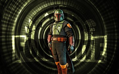 boba fett fortnite, 4k, fondo espiral verde, fortnita, creativo, piel de boba fett, fortnite boba fett skin, boba fett, personajes de fortnite