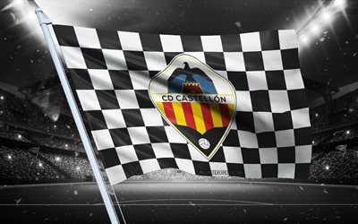 4k, cd castellon logo, spanischer fußballverein, stadionflagge, cd castellon fans flagge, schwarze weiße flagge, cd castellon emblem, segunda, spanien, fußball, cd castellon