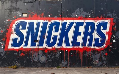 4k, Snickers logo, graffiti on the wall, grunge art, creative grunge art, Snickers graffiti, Snickers