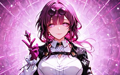 4k, Kafka, purple abstract background, Honkai Star Rail, manga, anime characters, red flowers, Honkai Star Rail characters, Kafka Honkai Star Rail