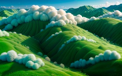 3d  landschaften, 4k, gebirge, wolken, wiesen, grüne berghänge, sommer, abstrakte landschaften, 3d  naturlandschaft
