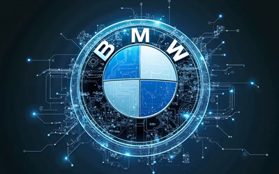 BMW logo, 4k, blue hi-tech background, BMW blue neon logo, blue neon light, X-ray, BMW emblem, BMW 3d logo, BMW, blue BMW logo