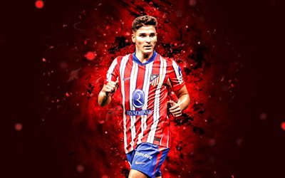 4k, Julian Alvarez, artwork, Atletico Madrid FC, La Liga, Argentine footballers, red neon lights, Julian Alvarez 4K, football, soccer, red abstract background, Julian Alvarez Atletico Madrid, LaLiga
