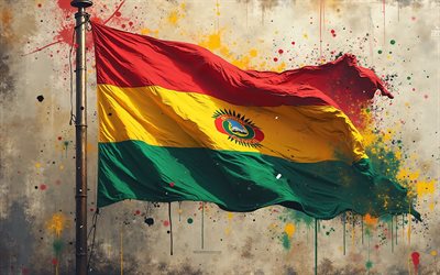 bandiera boliviana, 4k, bandiera bolivia sul pennone, bandiera di vernice boliviana, grunge art, bandiera bolivia, bolivia, bandiera della bolivia