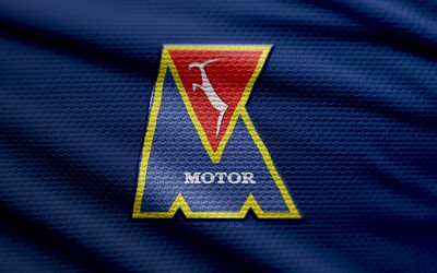motor lublin  kangaslogo, 4k, sininen kangas tausta, ekstraklasa, bokeh, jalkapallo, motor lublin  logo, motor lublin  merkki, moottori, puolalainen jalkapalloseura, motor lublin fc