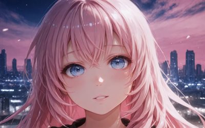 4k, megurine luka, avvicinamento, cv03, vocaloide, paesaggio urbano di skyline, star rosa, capelli rosa, vocaloid 03, arte astratta, serie vocali del personaggio, luka megurine, personaggi vocaloidi, megurine luka vocaloid