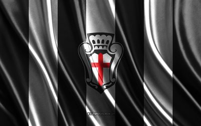 4k, logotipo pro vercelli, serie b, textura de seda blanca negra, bandera pro vercelli, club de fútbol italiano, fútbol, fc pro vercelli 1892, bandera de seda, emblema pro vercelli, italia, insignia pro vercelli, pro vercelli