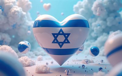 私はイスラエルが大好きです, 4k, カラフルな3d背景, 3dアート, クリエイティブ, イスラエルの日, イスラエルの旗, イスラエルの旗と心, 3dハート, イスラエル, イスラエルへの愛