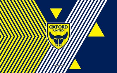 oxford united fc logosu, 4k, ingiliz futbol takımı, mavi sarı çizgiler arka plan, oxford united fc, şampiyonluk, ingiltere, hat sanatı, oxford united fc amblemi, futbol, oxford united
