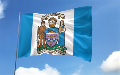 edmonton  flagga på flaggstång, 4k, kanadensiska städer, blå himmel, edmonton flagga, wavy satinflaggor, städer i kanada, flaggstång med flaggor, edmonton dag, canada, edmonton