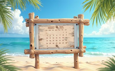 4k, 2025 August calendar, sign on the beach, summer background, 2025 summer calendars, August 2025 Calendar, 2025 concepts, August