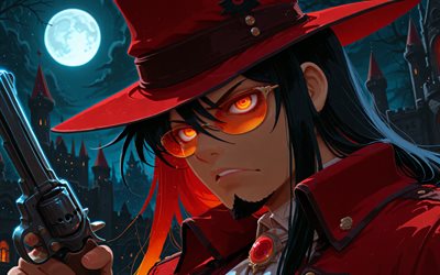 4k, alucard, avvicinamento, inferno, conta dracula, luna blu, revolver, notte, manga, dorakyura, pistola, manga hellsing, alucard art, personaggi infernali, carattere di alucard, alucard hellsing