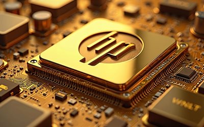 4k, HP golden 3d logo, golden motherboard, Hewlett-Packard logo, HP logo, HP emblem, Hewlett-Packard sign, HP golden logo, HP sign, Hewlett-Packard