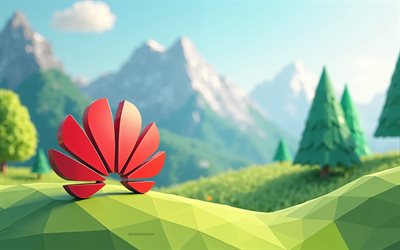 logo huawei origami, 4k, logo huawei, polygon 3d summer landscape, polygone green trees, huawei, art créatif, emblème de huawei