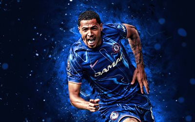 4k, Levi Colwill, blue abstract background, Chelsea FC, Premier League, english footballers, Levi Colwill 4k, blue neon lights, football, soccer, Chelsea, Levi Colwill Chelsea