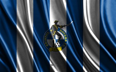 4k, Bristol Rovers FC logo, League One, blue white silk texture, Bristol Rovers FC flag, English football club, soccer, silk flag, Bristol Rovers FC emblem, England, Bristol Rovers FC badge, Bristol Rovers FC