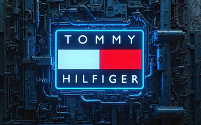 4k, tommy hilfiger blue neon logo, خوخه, مصنع, خلفيات معدنية أسود, أضواء النيون الزرقاء, شعار تومي هيلفيجر 3d, العمل الفني, تومي هيلفيغر نيون شعار, تومي هيلفيجر شعار, علامات أزياء, تومي هيلفيجر