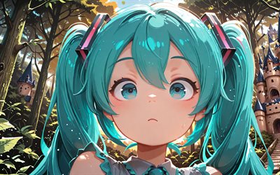 4k, hatsune miku, avvicinamento, foresta, vocaloide, estate, castello, capelli blu, vocaloid 01, miku hatsune, cv01, personaggi vocaloidi, hatsune miku vocaloid