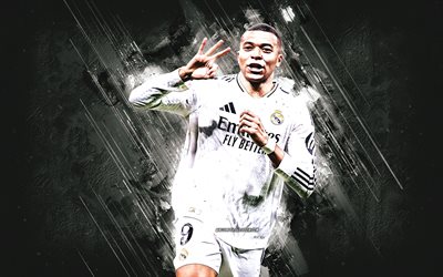 kylian mbappe, real madrid, grunge art, sfondo di pietra bianca, calciatore francese, world football star, kylian mbappe real, celebrazione dell'obiettivo di kylian mbappe, la liga, spagna, calcio, kylian mbappe real madrid