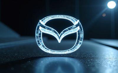 شعار مازدا, 4k, خلفية زرقاء عالية التقنية, mazda blue neon logo, ضوء النيون الأزرق, الأشعة السينية, شعار mazda 3d, مازدا, شعار مازدا الأزرق