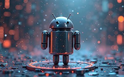 android  logo, hi tech tausta, 4k, android 3d  robotti, harmaa tausta, android  tunnus, android 3d  logo, luova tausta, androidi
