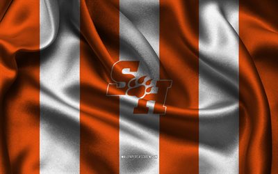 4k, Sam Houston Bearkats logo, orange white silk fabric, American football team, Sam Houston Bearkats emblem, NCAA, Sam Houston Bearkats, USA, American football, Sam Houston Bearkats football