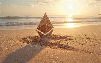 شعار ethereum, 4k, صيف, شعار ethereum مصنوع من الرمال, شاطئ, شعار 3d ethereum, رمل, ethereum