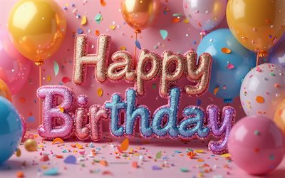 buon compleanno, 4k, palloncini colorati, buon compleanno in 3d glitter iscrizione, buon compleanno auguri, concetti di buon compleanno, sfondo di compleanno con palloncini