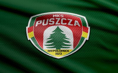 puszcza niiepolomice kangaslogo, 4k, vihreä kangas tausta, ekstraklasa, bokeh, jalkapallo, puszcza niiepolomice  logo, puszcza niiepolomice  tunnus, puszcza niepolomice, puolalainen jalkapalloseura, puszcza niiepolomice fc