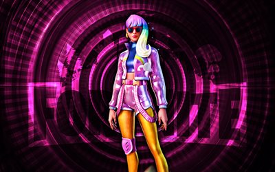 dawn fortnite, 4k, fondo espiral púrpura, fortnita, creativo, piel del amanecer, piel del amanecer de fortnite, amanecer, personajes de fortnite