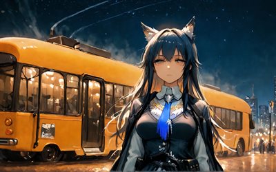 4k, texas, tram giallo, arknights, manga, texas l'omertosa, notte, personaggi anime, personaggi di arknights, texas arknights