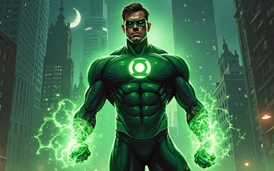 4k, linterna verde, arte de los cómics, superhéroes, dc comics, noche, fan art, linterna verde 4k