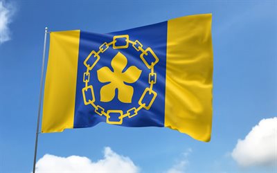 Hamilton flag on flagpole, 4K, Canadian cities, blue sky, flag of Hamilton, wavy satin flags, Hamilton flag, cities of Canada, flagpole with flags, Day of Hamilton, Canada, Hamilton