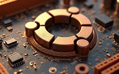 logo en bronze ubuntu 3d, 4k, carte mère en bronze, logo ubuntu, emblème d'ubuntu, contexte technologique en bronze, ubuntu, contexte avec le logo ubuntu, linux