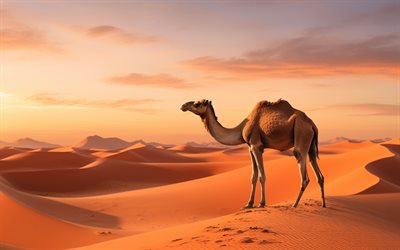 chameau, 4k, désert, coucher de soleil, dunes de sable, faune, chameaux, camelus, afrique