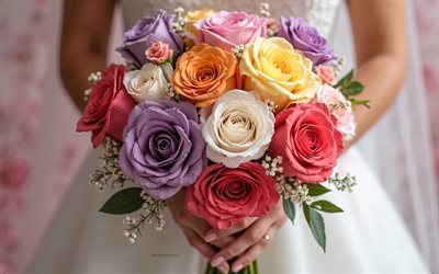 rose multicolore in mani nuziali, bouquet nuziale, concetti di matrimonio, modello di matrimonio, bouquet di rose, nozze, sposa con fiori