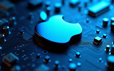 Apple 3d logo, 4k, blue motherboard, blue Apple logo, Apple emblem, blue technology background, Apple