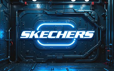 4k, شعار skechers blue neon, خوخه, مصنع, خلفيات معدنية أسود, أضواء النيون البيضاء, شعار skechers 3d, العمل الفني, شعار skechers النيون, شعار skechers, علامات أزياء, skchers