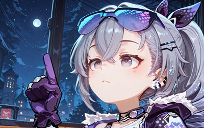 lupo d'argento, 4k, avvicinamento, honkai star rail, notte, personaggi anime, manga, personaggi ferroviari di honkai star, rail star honkai silver wolf honkai